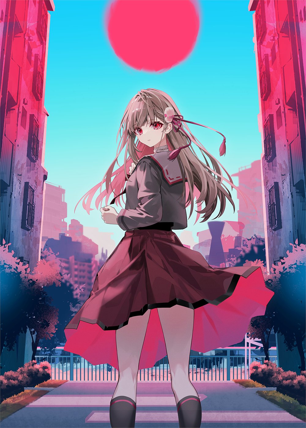 1girl, blue_sky, cityscape, closed_mouth, gokumon_nadeshiko, gokumon_nadeshiko_koko_ni_ari, hair_ornament, hair_ribbon