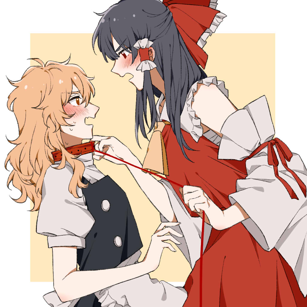 2girls, animal_collar, apron, ascot, black_dress, blonde_hair, blush, bow