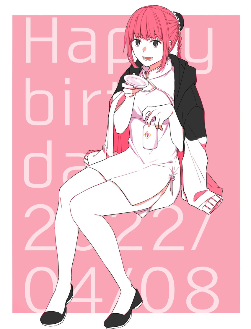 1girl, alcohol, black_footwear, bottle, china_dress, chinese_clothes, cup, dress