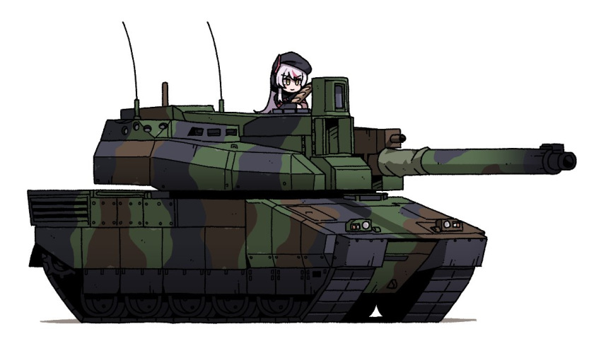 1girl, arianna_foxton, baguette, black_beret, bread, camouflage, caterpillar_tracks, food, grey_hair, holding, holding_food, indie_virtual_youtuber, karepack, leclerc_(tank), military_vehicle, motor_vehicle, multicolored_hair, pink_hair, second-party_source, simple_background, solo, tank, two-tone_hair, virtual_youtuber, white_background, yellow_eyes
