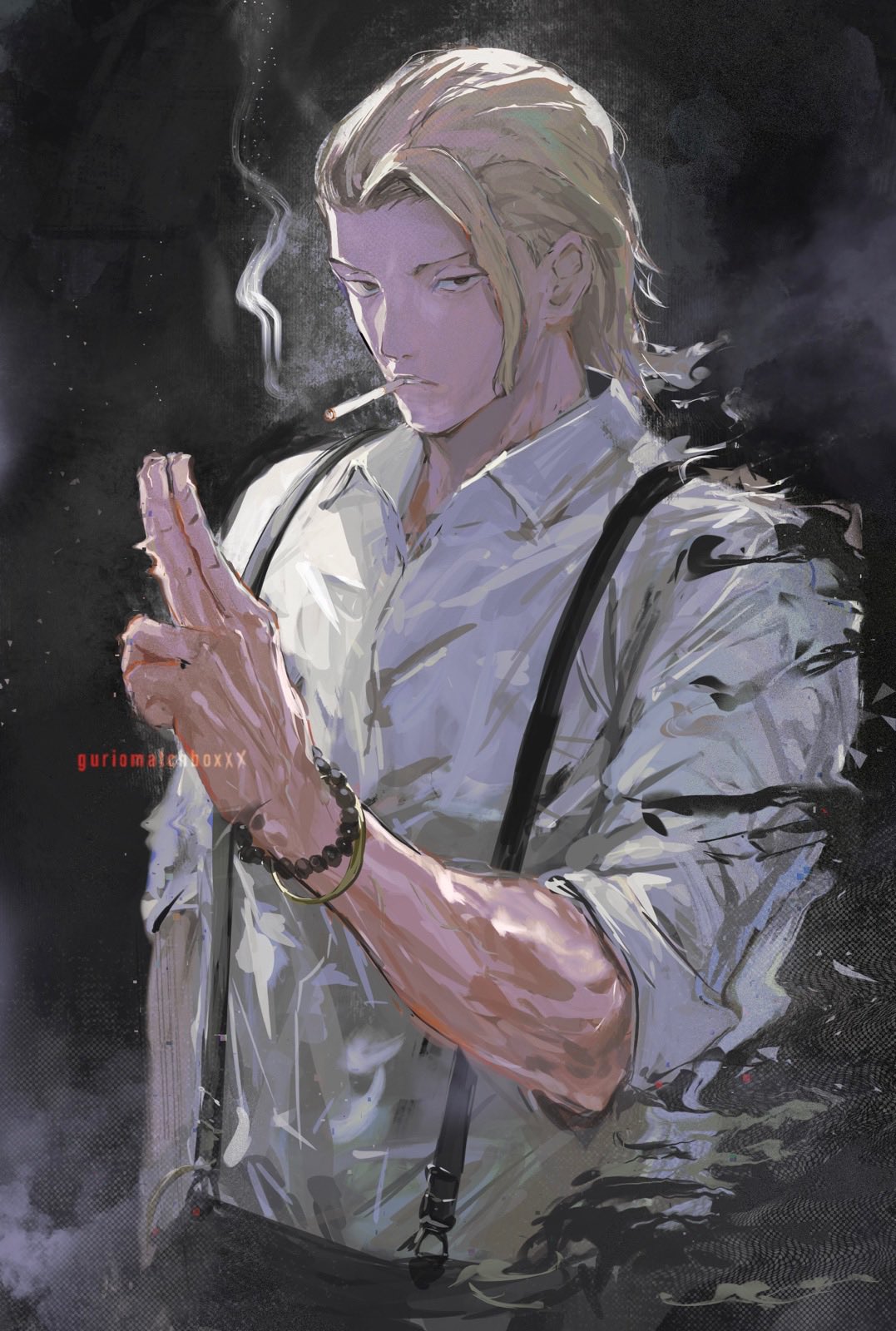 1boy, artist_name, blonde_hair, collared_shirt, dissolving, fading, guri_otoko, hair_slicked_back