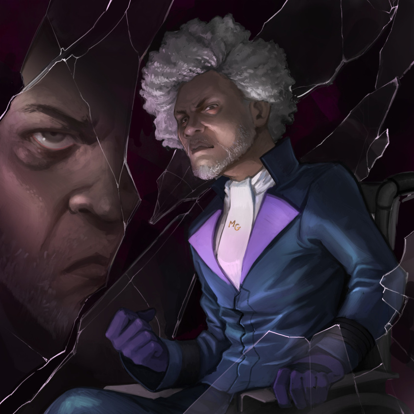 >:(, 1boy, collar, commentary, crack, cracked_glass, elijah_price, english_commentary