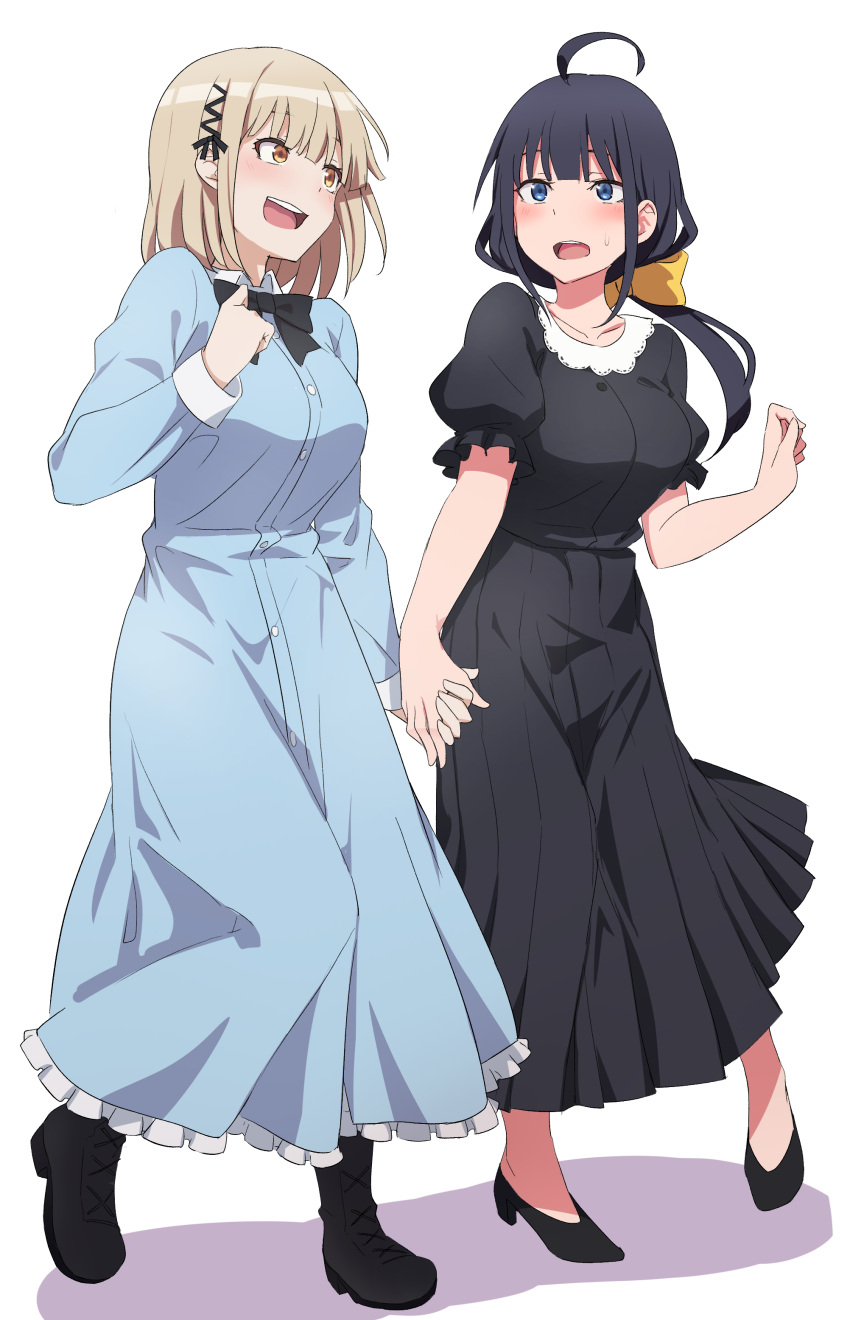 2girls, absurdres, ahoge, black_dress, black_footwear, black_hair, blonde_hair, blue_dress