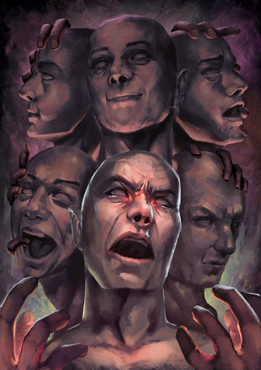 1boy, absurdres, angry, arcsh, bald, commentary, covering_own_ears, english_commentary, finger_in_another's_mouth, finger_in_own_mouth, grabbing, grabbing_another's_face, highres, holding_another's_head, kevin_wendell_crumb, light_smile, multiple_boys, multiple_persona, no_pupils, shouting, split_(movie), the_eastrail_177_trilogy, topless