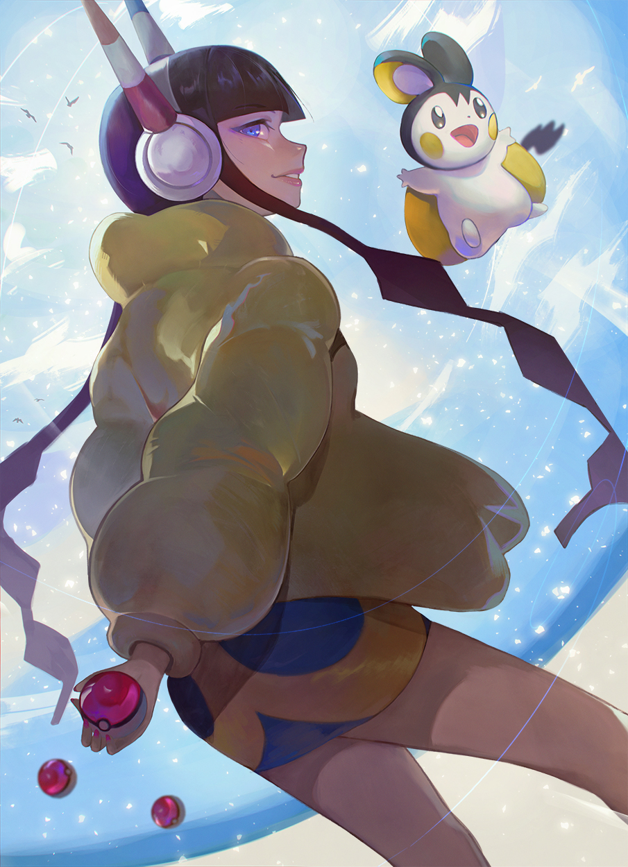 1girl, aekutie, animal_ears, black_hair, blue_sky, coat, elesa_(pokemon), emolga