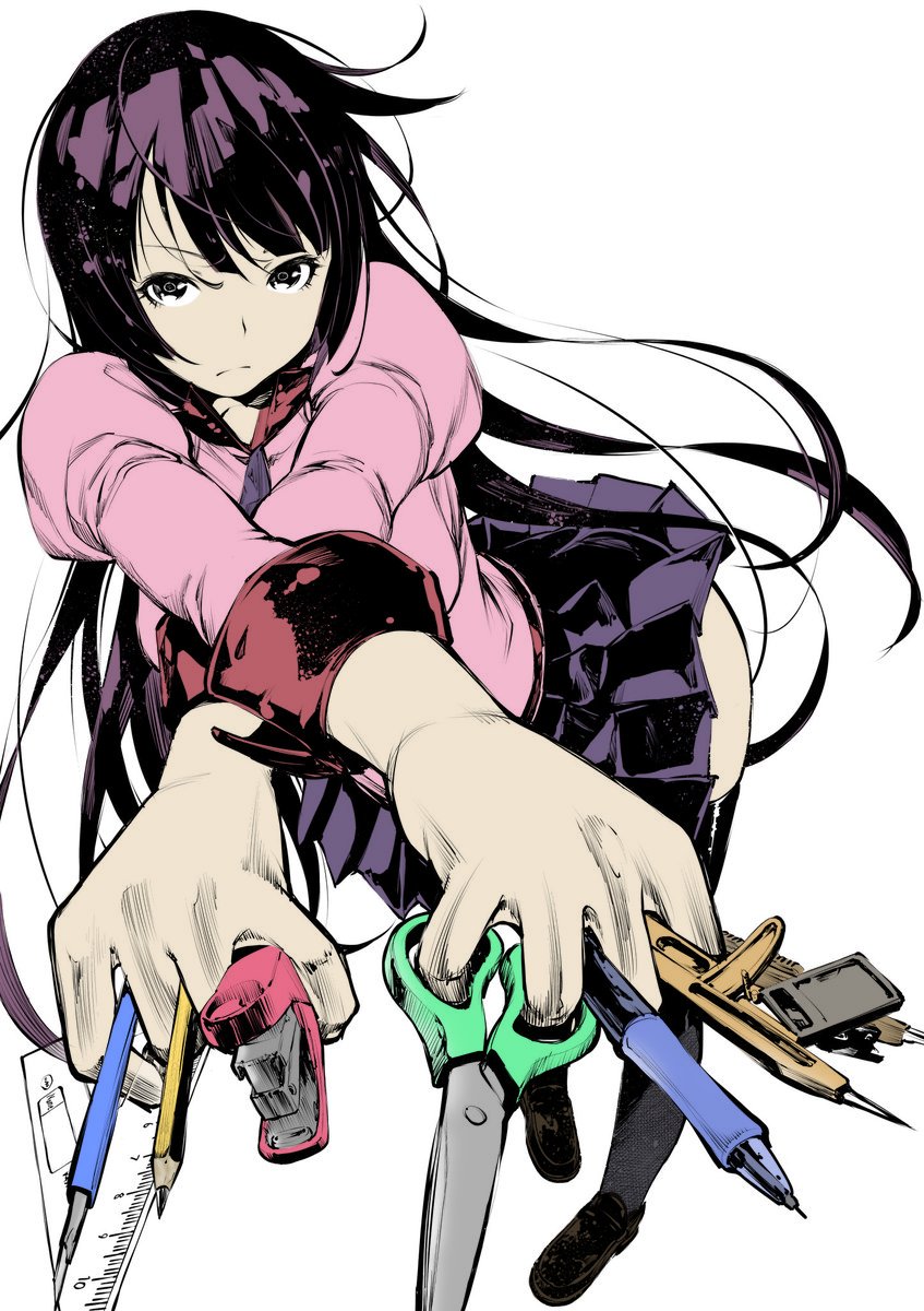 1girl, bakemonogatari, between_fingers, boxcutter, closed_mouth, colorized, fukushima_masayasu, gloves