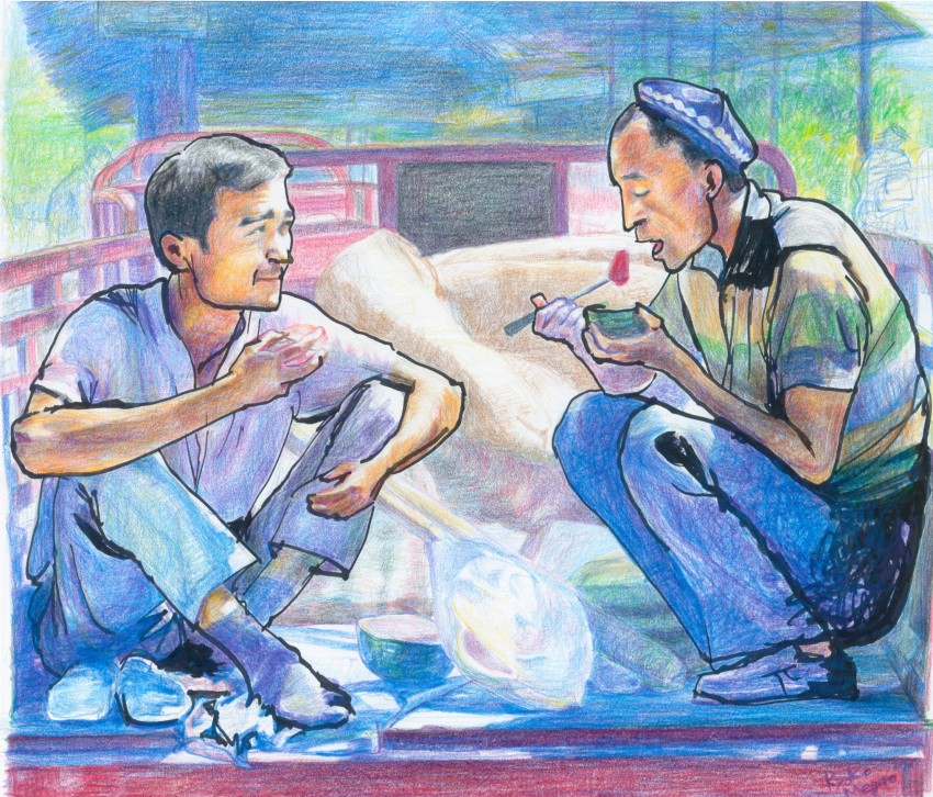 2boys, ankle_socks, asian, beret, black_hair, bowl, china, chopsticks, colored_pencil_(medium), commentary_request, eating, full_body, hat, highres, loafers, mature_male, meguryoo, mixed-language_commentary, multiple_boys, open_mouth, original, pants, polo_shirt, realistic, shoes, short_hair, signature, sitting, socks, squatting, traditional_media, train, travel, unworn_shoes, uygur, very_short_hair