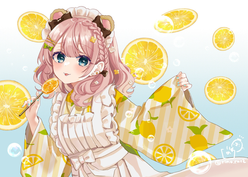 1girl, animal_ears, apron, aqua_nails, bear_ears, blue_background, blue_eyes, blunt_ends