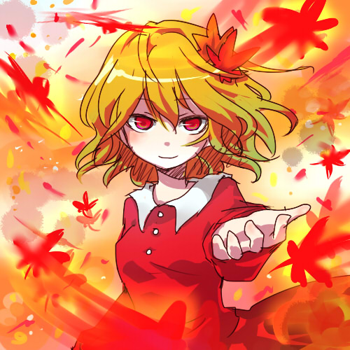 beckon, blonde_hair, foreshortening, hair_ornament, leaf, looking_at_viewer, lowres, maple_leaf