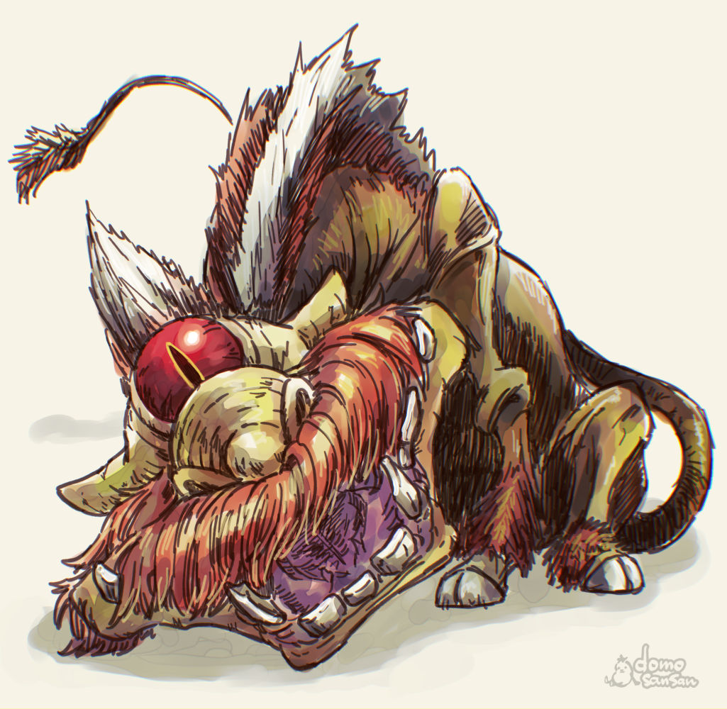 catoblepas, colored_skin, commentary_request, domosansan, fangs, green_skin, hooves, looking_at_viewer