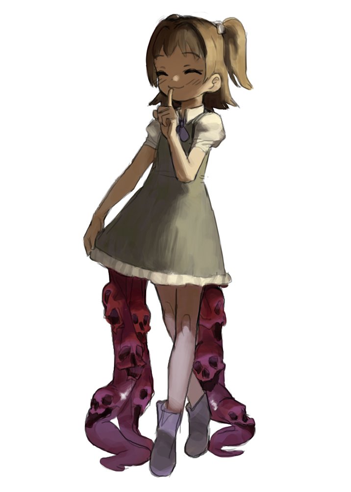1girl, blush, brown_hair, closed_eyes, dress, finger_to_mouth, full_body, grey_dress