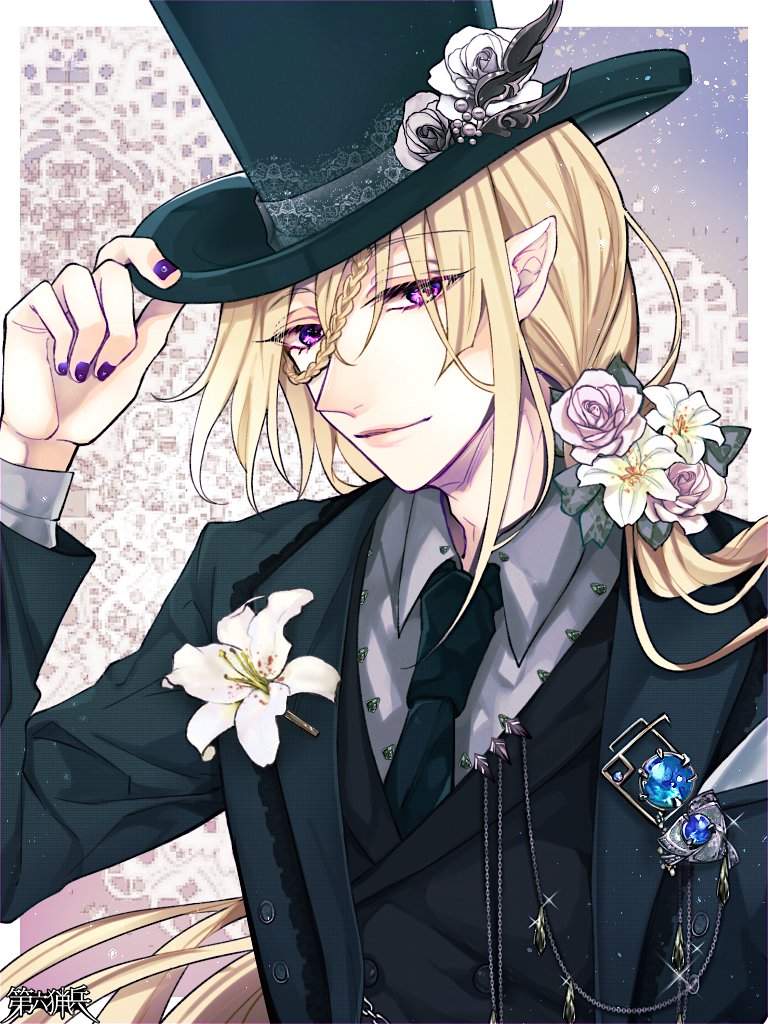 1boy, black_hat, black_jacket, black_necktie, black_vest, blonde_hair, blue_gemstone, border