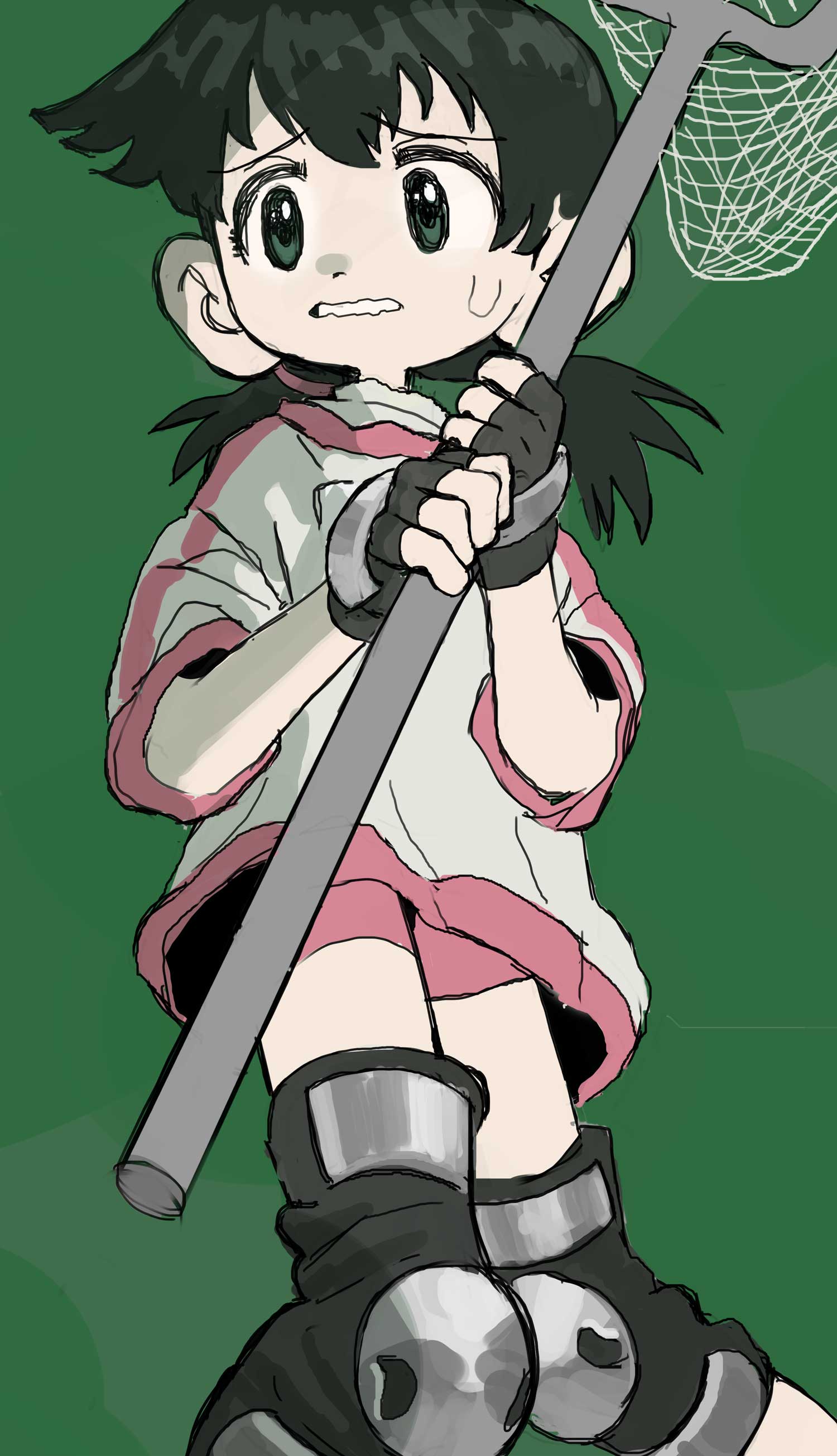 1girl, absurdres, alien_nine, black_gloves, black_hair, butterfly_net, feet_out_of_frame, fingerless_gloves