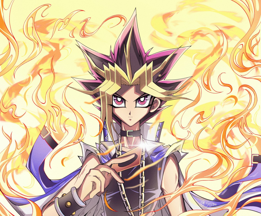 1boy, bare_shoulders, black_footwear, black_hair, blonde_hair, blue_jacket, bright_pupils, card