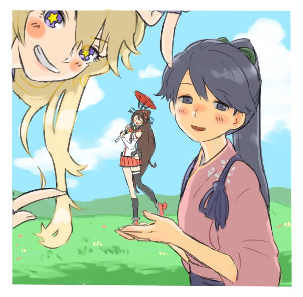 3girls, asymmetrical_legwear, black_eyes, black_hair, black_socks, blonde_hair, blue_sky, blush, border, brown_hair, closed_eyes, clouds, detached_sleeves, forced_perspective, grass, grin, half-closed_eyes, hands_up, hill, holding, holding_umbrella, houshou_(kancolle), iowa_(kancolle), japanese_clothes, jibakurei_(elite_unchi), kantai_collection, kimono, kneehighs, long_hair, miniskirt, multiple_girls, oil-paper_umbrella, open_mouth, outdoors, pink_kimono, pleated_skirt, pointing, pointing_at_another, ponytail, red_skirt, shirt, shoes, single_kneehigh, single_sock, single_thighhigh, skirt, sky, sleeveless, sleeveless_shirt, smile, socks, standing, standing_on_one_leg, star-shaped_pupils, star_(symbol), symbol-shaped_pupils, tasuki, thigh-highs, two-handed, umbrella, uneven_legwear, v-shaped_eyebrows, very_long_hair, violet_eyes, white_border, white_shirt, yamato_(kancolle), yellow_pupils