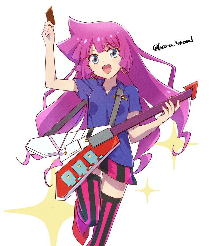 1girl, arm_up, blue_eyes, blue_shirt, card, duel_disk, earrings, electric_guitar