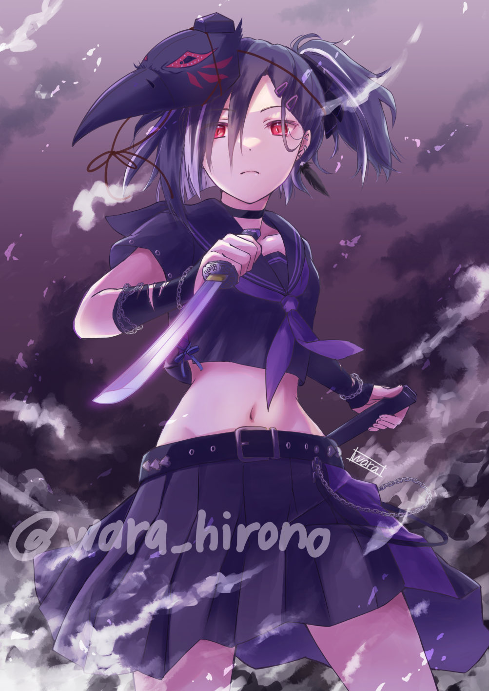 1girl, azur_lane, belt, black_bow, black_hair, black_sailor_collar, black_shirt, black_skirt, bow, chain, closed_mouth, crop_top, earrings, feather_earrings, feathers, haguro_(azur_lane), hair_bow, hair_ornament, hairclip, highres, holding, holding_knife, holding_sheath, holding_weapon, jewelry, knife, looking_at_viewer, mask, mask_on_head, medium_hair, midriff, multicolored_hair, navel, neckerchief, pleated_skirt, purple_neckerchief, red_eyes, sailor_collar, school_uniform, sheath, shirt, short_sleeves, side_ponytail, skirt, solo, streaked_hair, tengu_mask, twitter_username, weapon, white_hair, yunana_seki