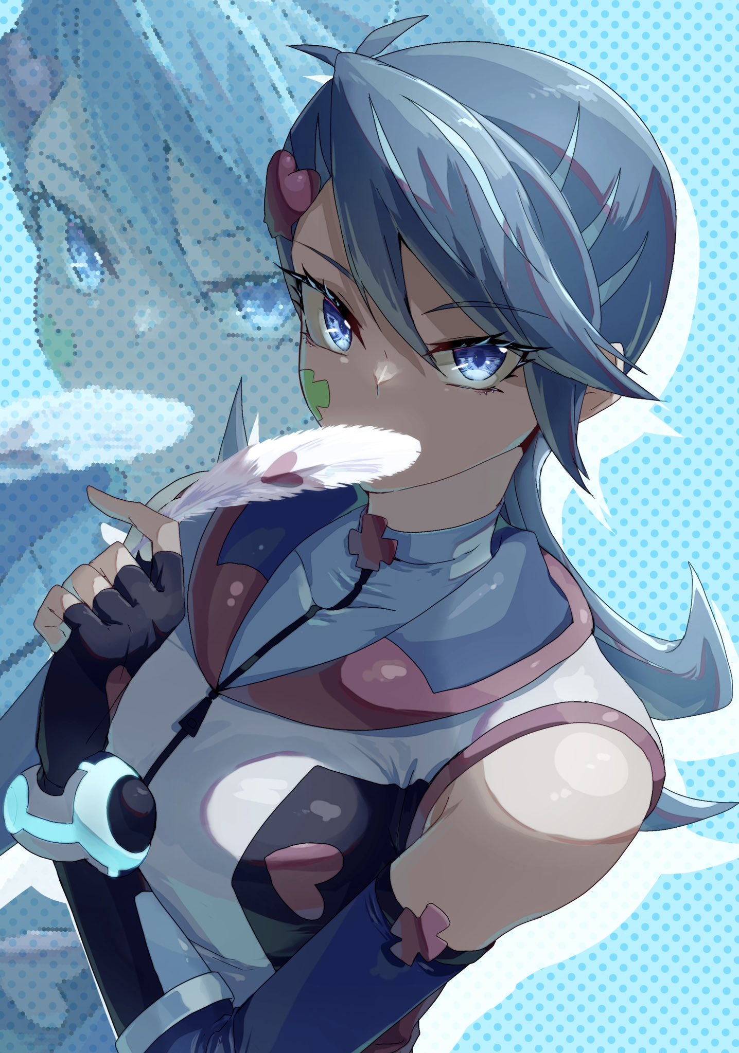 1girl, bare_shoulders, black_gloves, blue_eyes, blue_girl, blue_hair, breasts, clover_facial_mark, fingerless_gloves, gloves, heart, heart_print, highres, large_breasts, long_hair, looking_at_viewer, sleeveless, sleeveless_jacket, solo, swept_bangs, you_v_kihu, yu-gi-oh!, yu-gi-oh!_vrains, zoom_layer