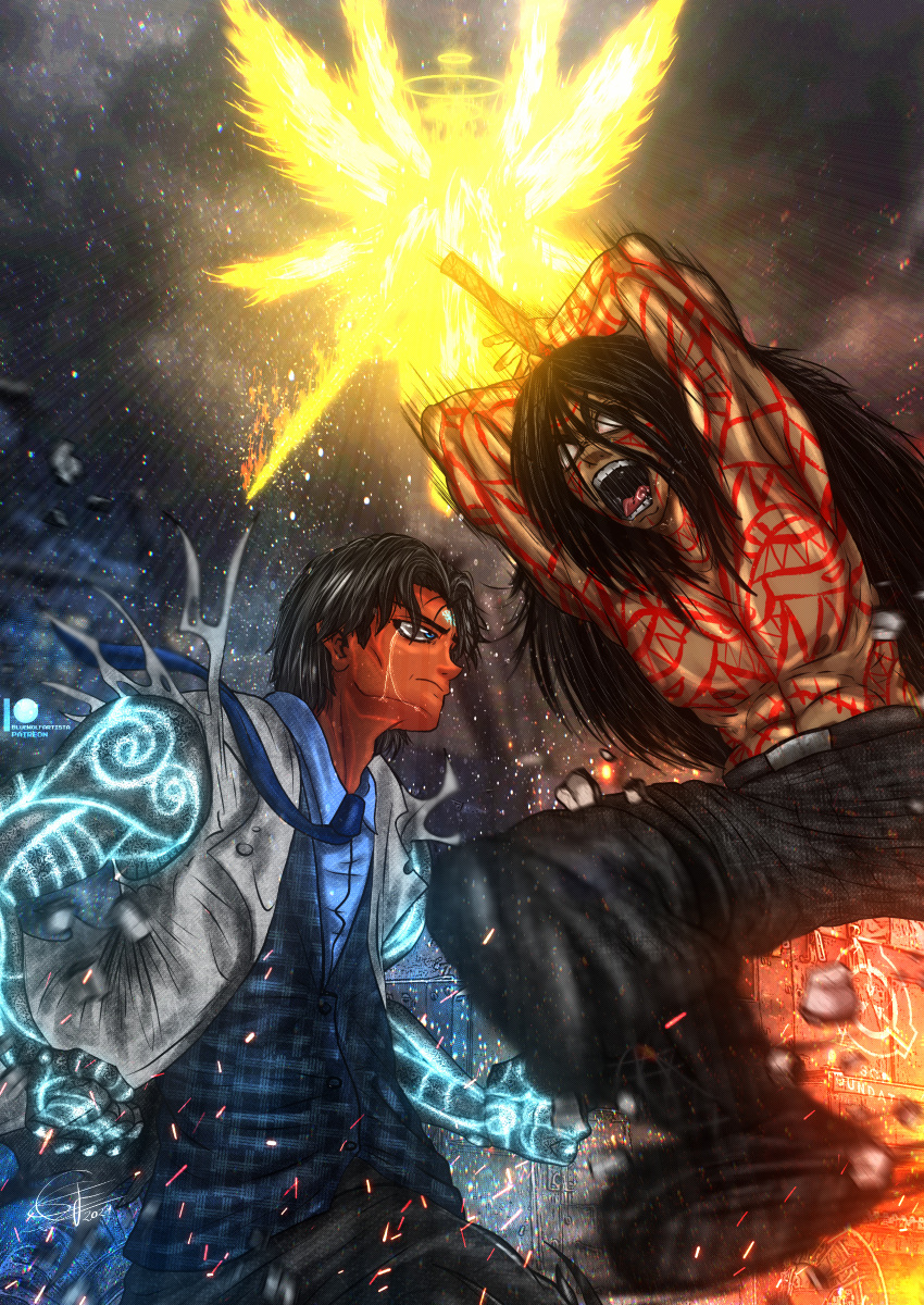 3boys, absurdres, angel_wings, battle, black_hair, blue_eyes, bluewolfartista, brown_hair, crying, crying_with_eyes_open, cyborg, dark-skinned_male, dark_skin, facial_mark, fantasy, feathered_wings, fighting, forehead_mark, full-body_tattoo, highres, holding, holding_sword, holding_weapon, long_hair, male_focus, mechanical_arms, multiple_boys, open_mouth, prosthesis, prosthetic_arm, scp-001_(clef), scp-073, scp-076-2, scp_foundation, sword, tattoo, tears, teeth, thick_arms, topless_male, weapon, wings