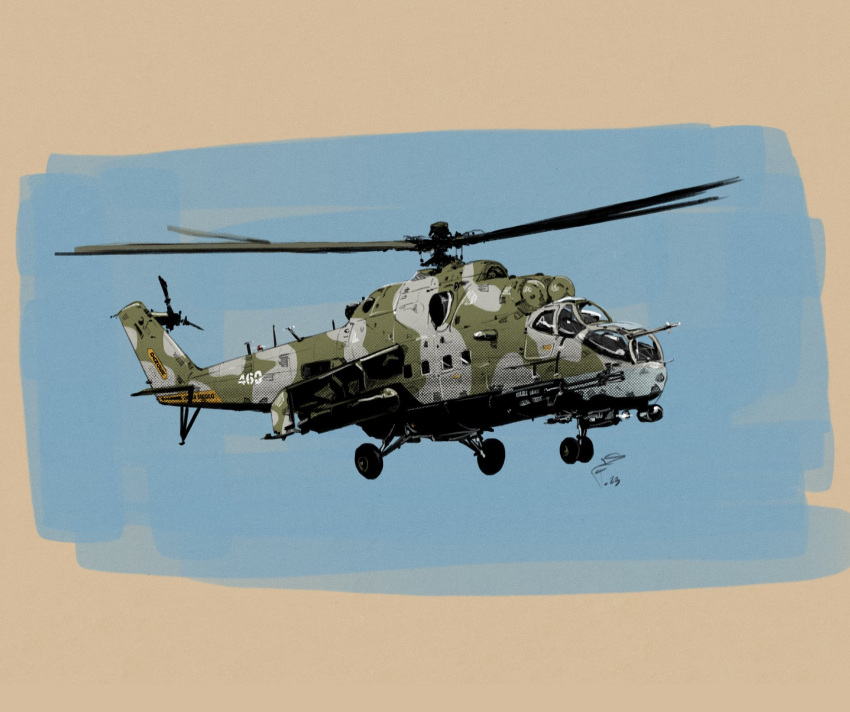 aircraft, fisher_art, helicopter, highres, mi-24, military, military_vehicle, original, outdoors, signature, sky, weapon