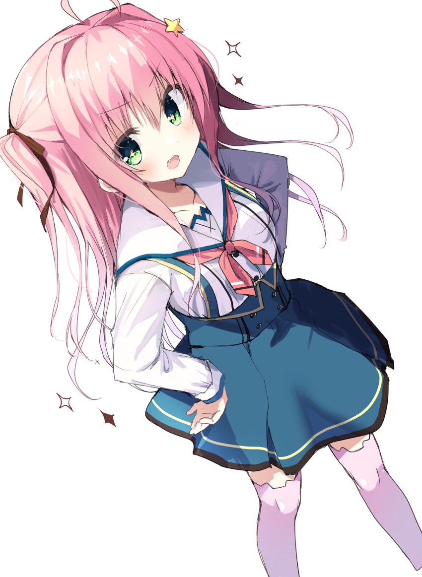 +_+, 1girl, :3, :d, ahoge, blue_skirt, blush, brown_ribbon