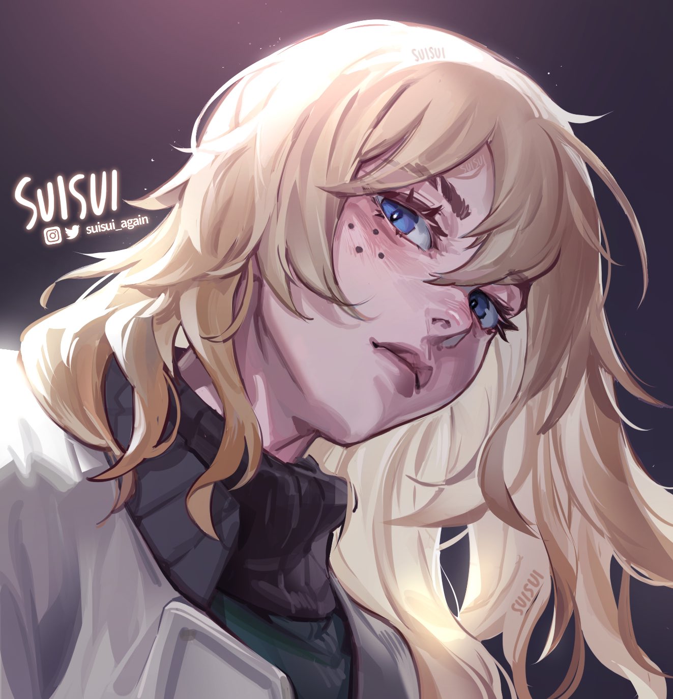 1girl, artist_name, blonde_hair, blue_eyes, deadlock_(valorant), facial_mark, highres, instagram_logo