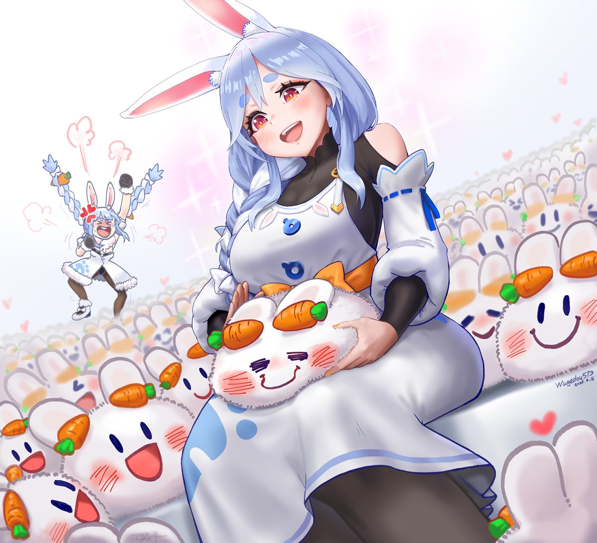 2girls, angry, animal_ear_fluff, animal_ears, blue_hair, braid, breasts, carrot