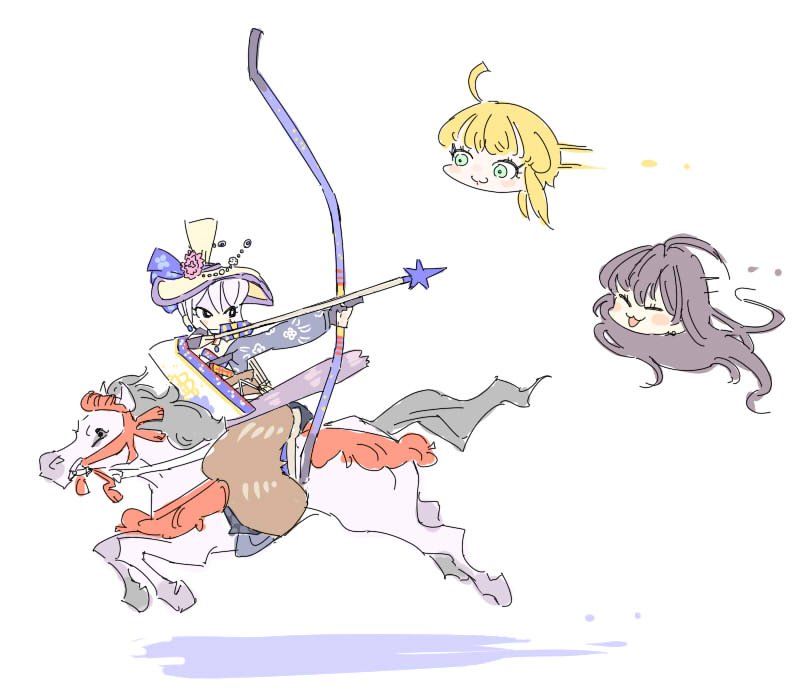 :3, alternate_costume, ayaigasa, black_eyes, black_gloves, blonde_hair, bow_(weapon), brown_hair