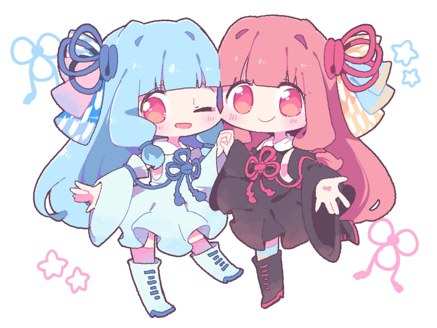 2girls, black_dress, black_footwear, blue_dress, blue_footwear, blue_hair, blue_ribbon, blue_thighhighs