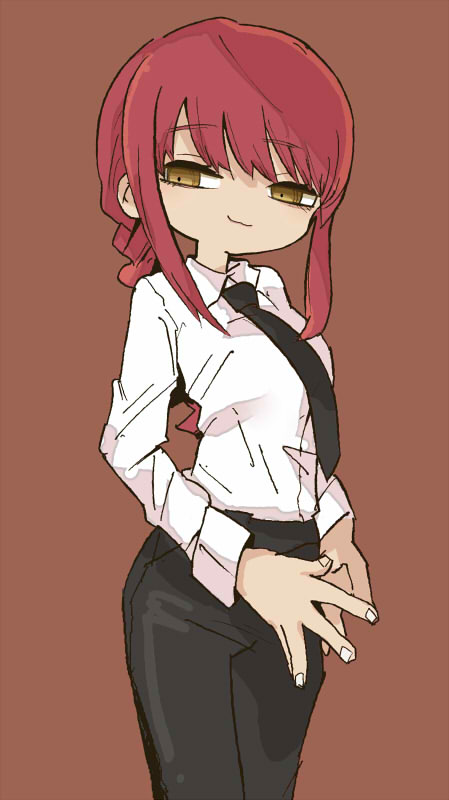 :3, black_necktie, black_pants, brown_background, chainsaw_man, deformed, fingernails, looking_at_viewer, makima_(chainsaw_man), naaaaaaaa, necktie, pants, redhead, shirt, simple_background, smirk, spread_fingers, standing, white_shirt, yellow_eyes