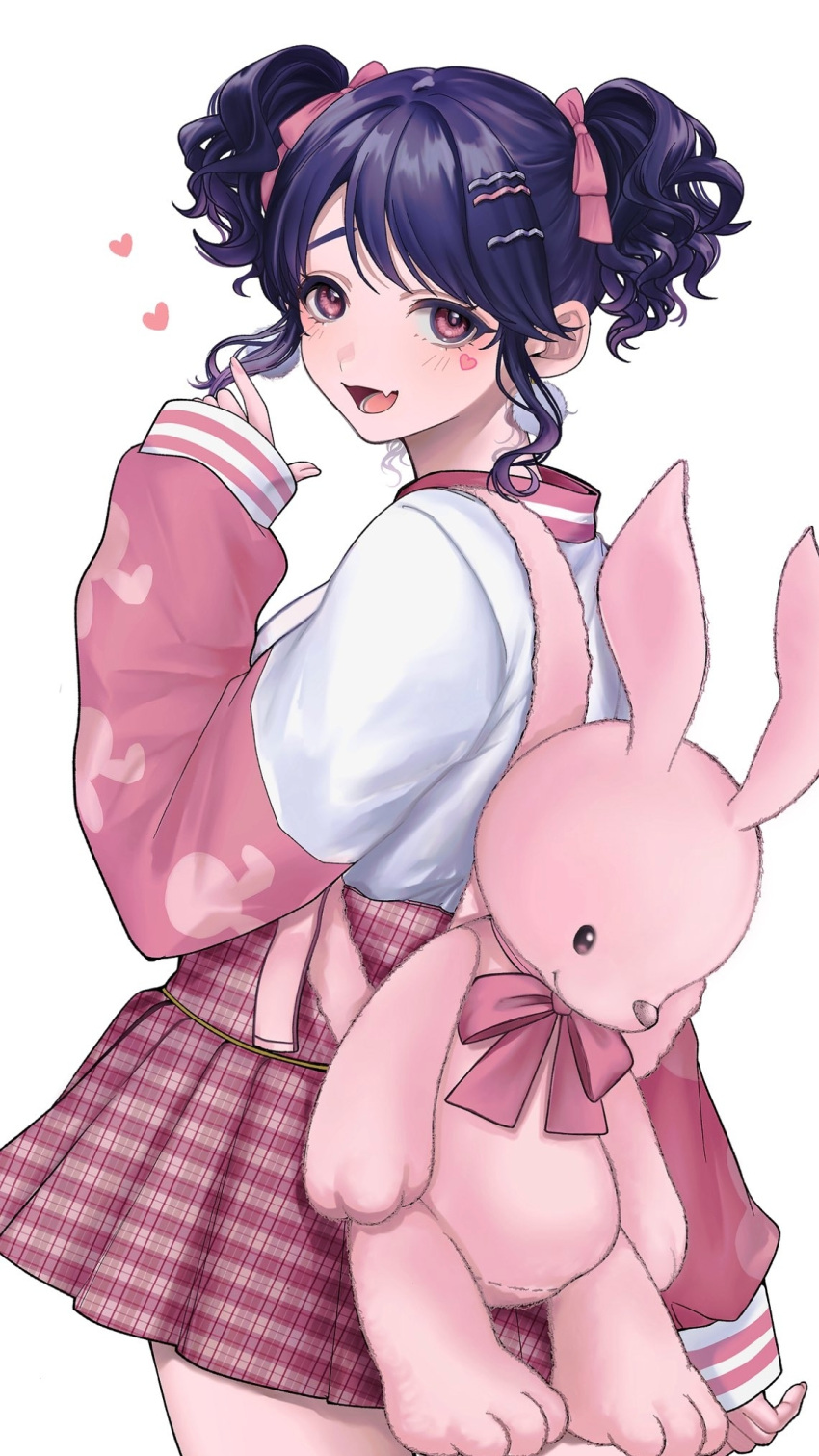 1girl, animal_bag, blue_hair, blush, commentary_request, dark_blue_hair, facepaint, fang, fukumaru_koito, hair_ribbon, heart, highres, idolmaster, idolmaster_shiny_colors, long_sleeves, looking_at_viewer, looking_to_the_side, opuka, pleated_skirt, rabbit_bag, red_skirt, ribbon, shirt_tucked_in, sidelocks, simple_background, skin_fang, skirt, smile, solo, twintails, two-tone_shirt, wavy_hair, white_background