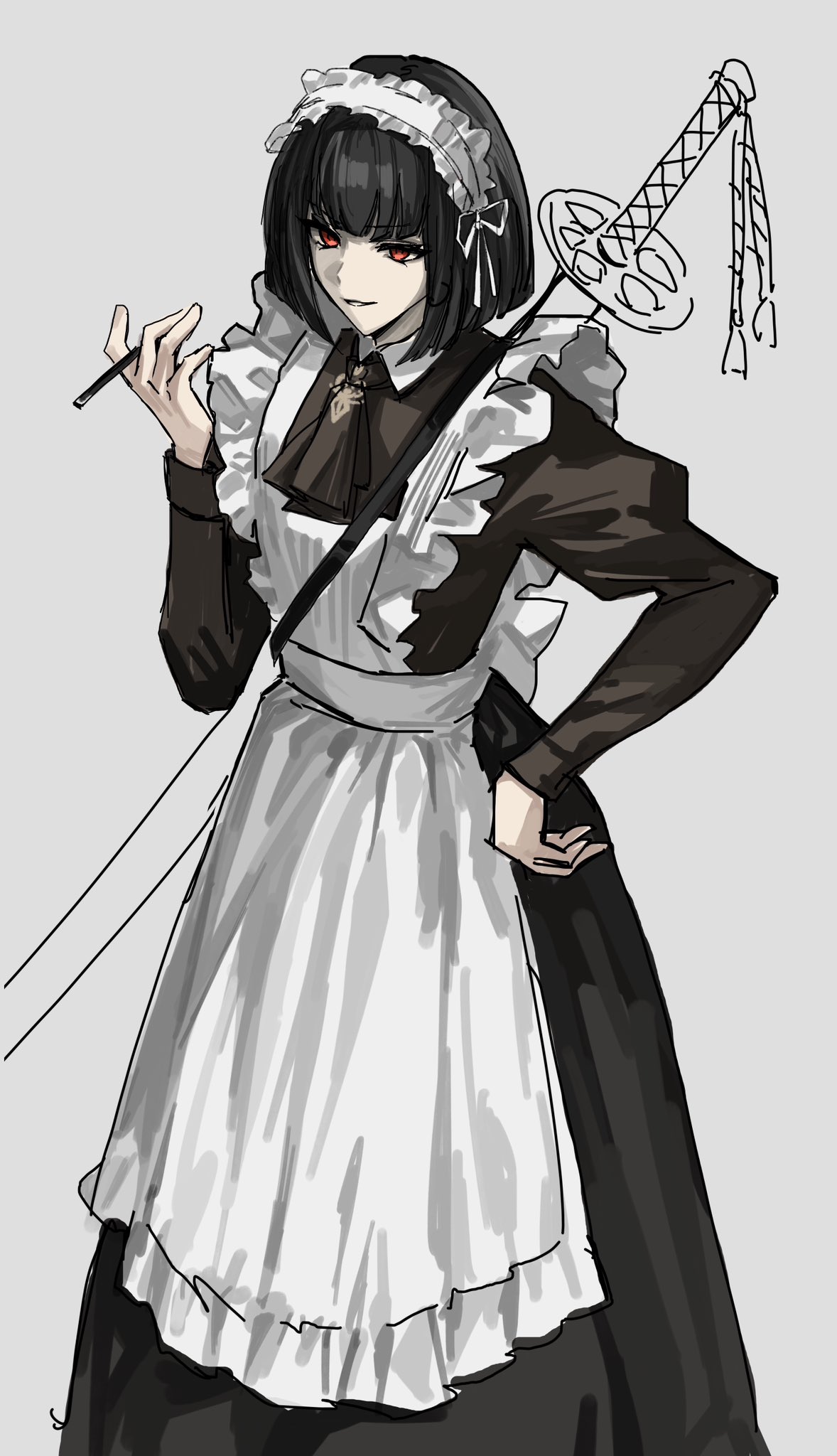 1girl, apron, ashi_(dongshi389), black_dress, black_hair, cigarette, dress, frilled_apron