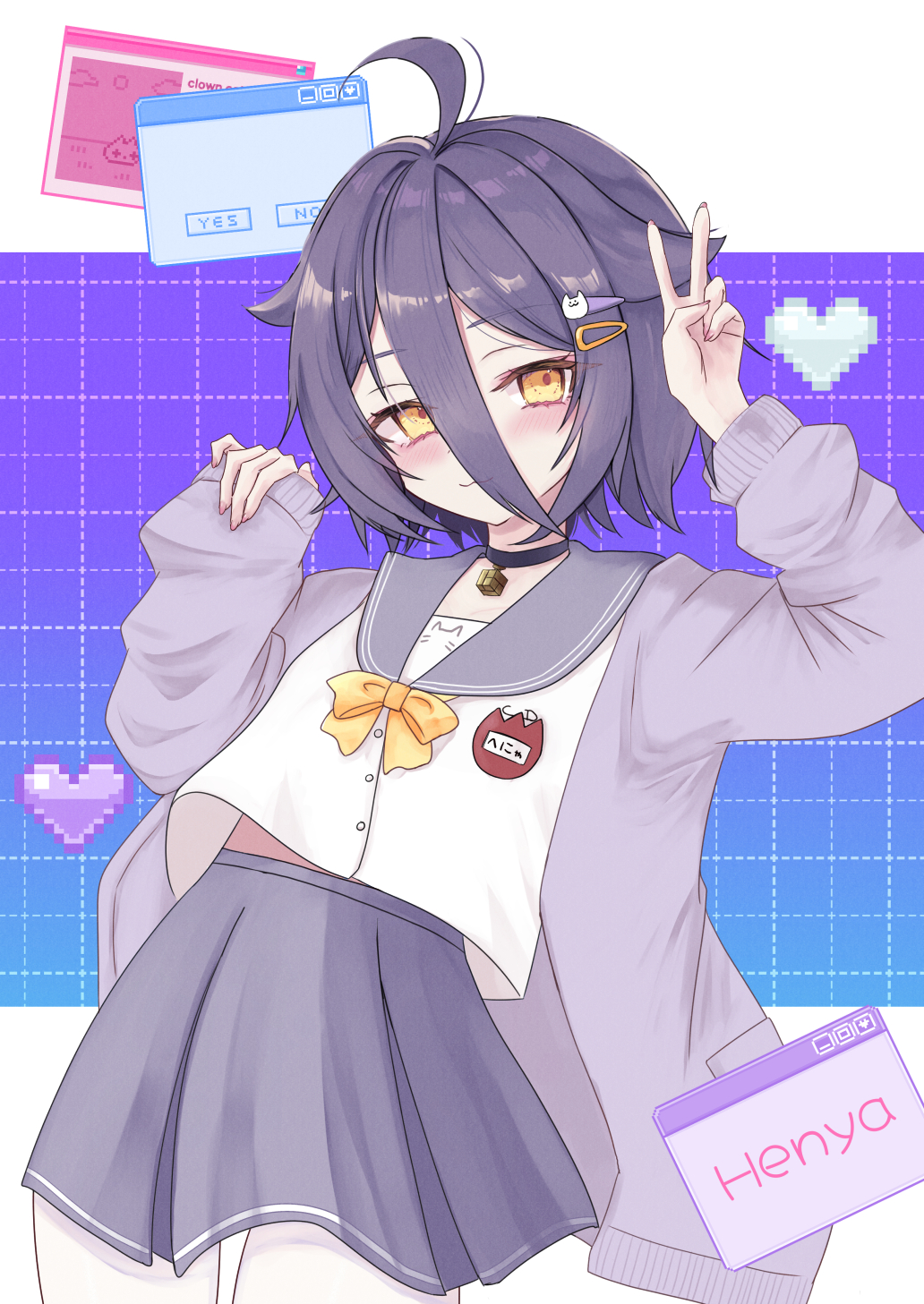 1girl, :3, ahoge, blush, cardigan, character_name, choker, grey_cardigan, hair_between_eyes, hair_flaps, hair_ornament, hairpin, henya_the_genius, henya_the_genius_(2nd_costume), highres, long_bangs, looking_at_viewer, purple_choker, purple_sailor_collar, purple_skirt, sailor_collar, shirt, short_hair, skirt, smile, solo, tensui_byakuya, v, virtual_youtuber, vshojo, white_shirt, yellow_eyes