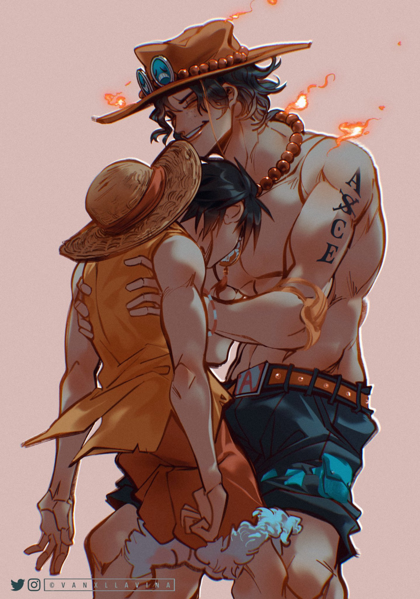 2boys, arm_tattoo, back, belt, black_hair, black_shorts, bracelet, carrying