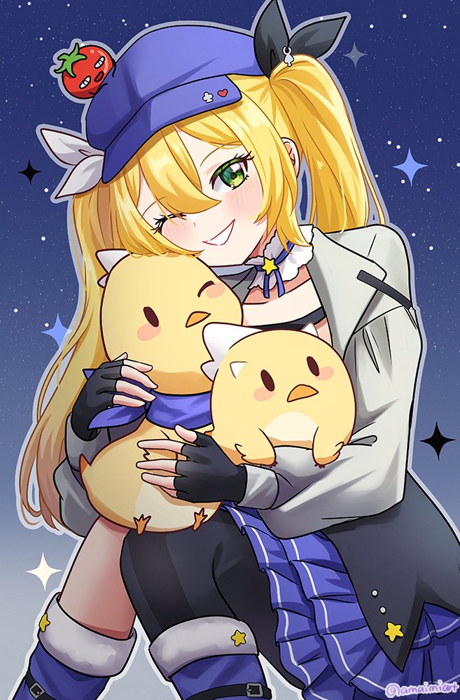 1girl, amai-tapioca, black_gloves, blonde_hair, blue_hat, blue_skirt, dokibird_(vtuber), dokibird_(vtuber)_(tomato)
