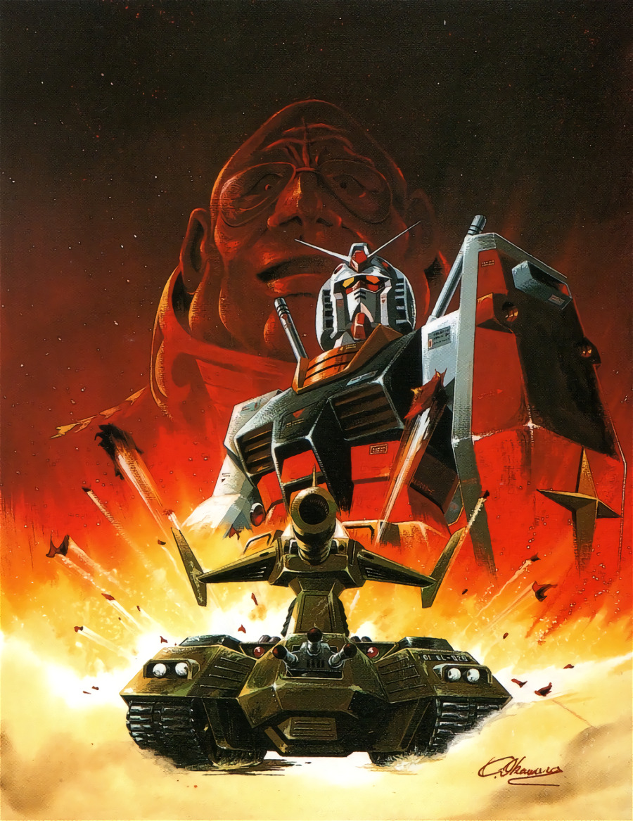 1980s_(style), 1981, animage, army, bald, booklet, cannon, caterpillar_tracks