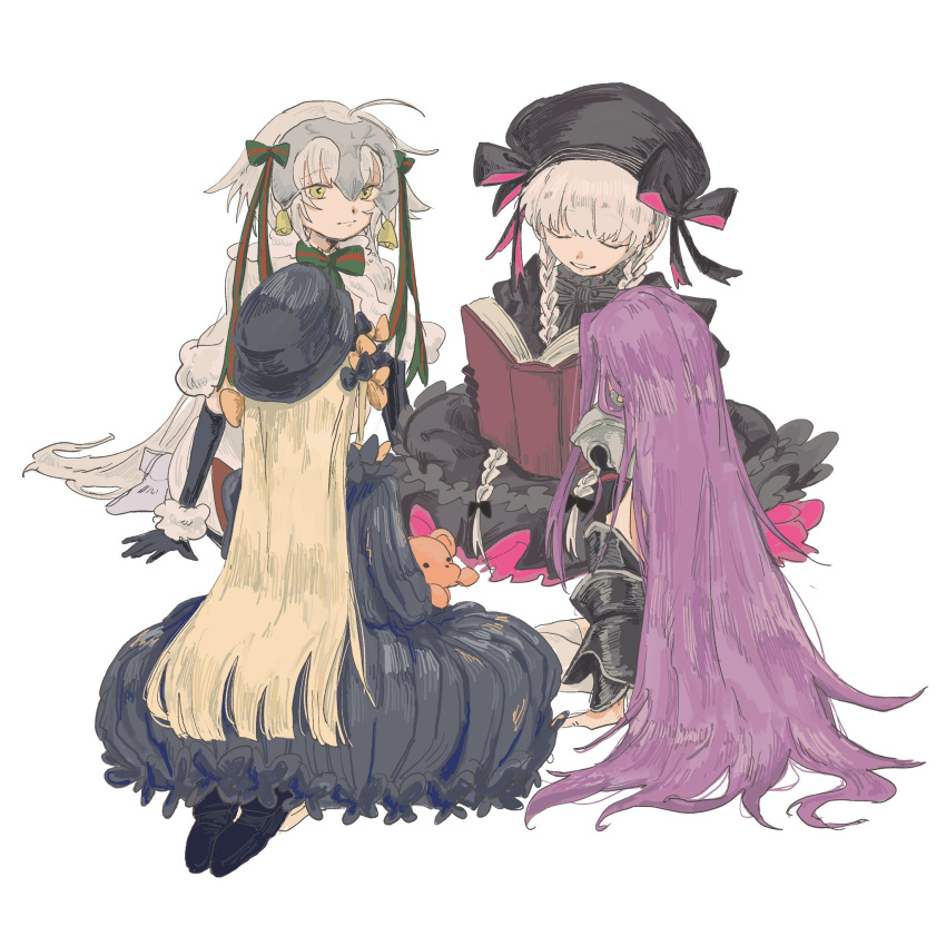 4girls, abigail_williams_(fate), ahoge, armor, bell, beret, black_bow, black_dress
