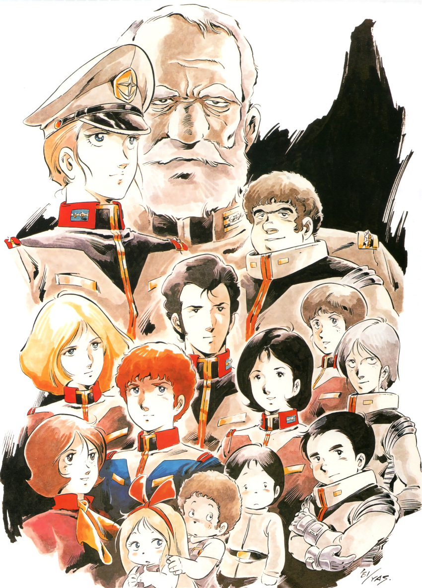 1980s_(style), 1981, amuro_ray, animage, beard, black_hair, bright_noa, brown_hair, child, dated, earth_federation, english_commentary, facial_hair, fraw_bow, general_revil, gundam, hair_ribbon, hat, hayato_kobayashi, highres, kai_shiden, katz_kobayashi, kikka_kitamoto, letz_cofan, looking_at_viewer, magazine_scan, matilda_ajan, military, military_uniform, mirai_yashima, mobile_suit_gundam, no_headwear, official_art, old, pilot_suit, promotional_art, redhead, retro_artstyle, ribbon, ryu_jose, sayla_mass, scan, scarf, signature, spacesuit, traditional_media, uniform, yasuhiko_yoshikazu, yellow_scarf