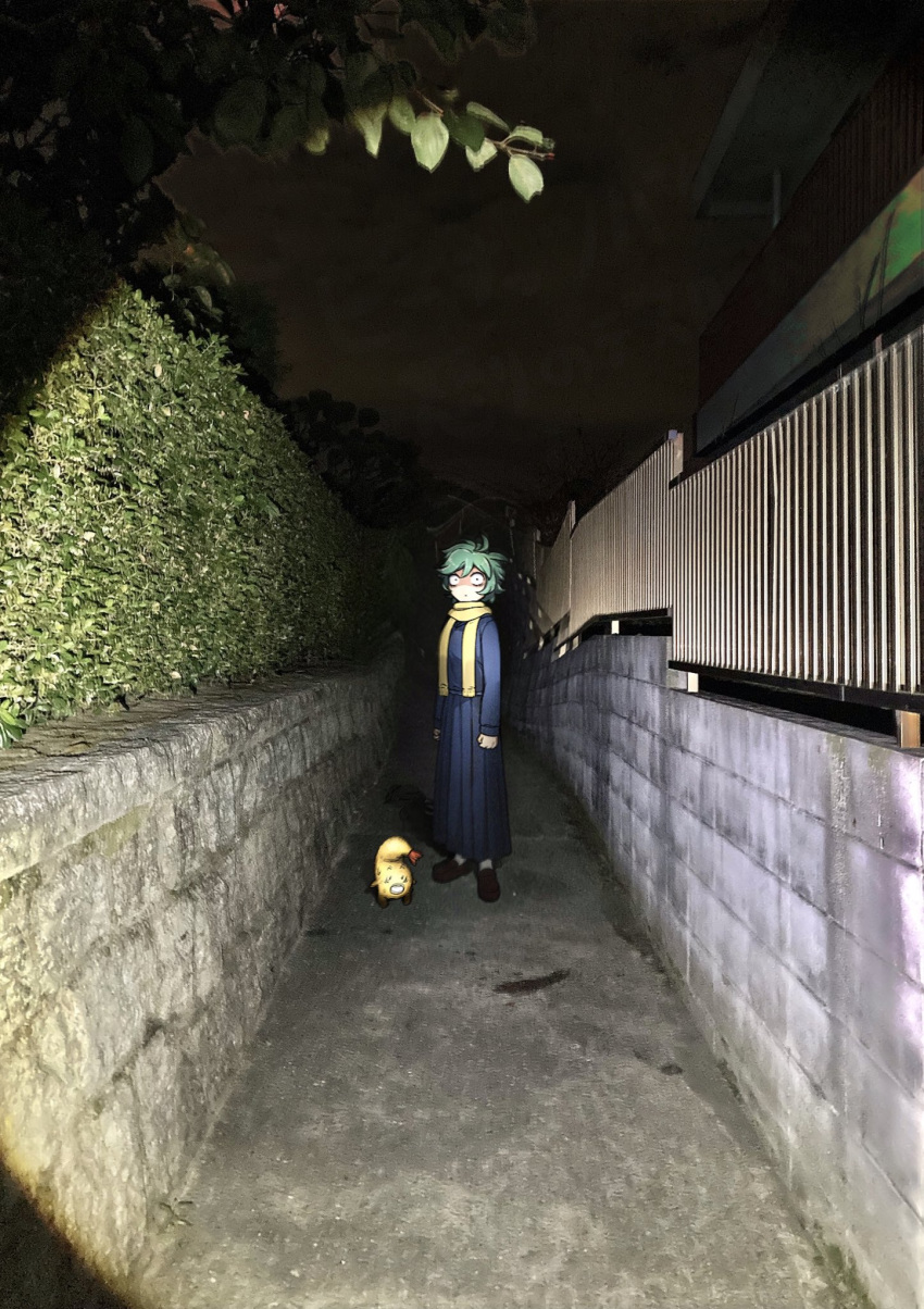 1girl, alley, black_eyes, black_footwear, blue_serafuku, blue_shirt, blue_skirt, byu_(orihazuma)