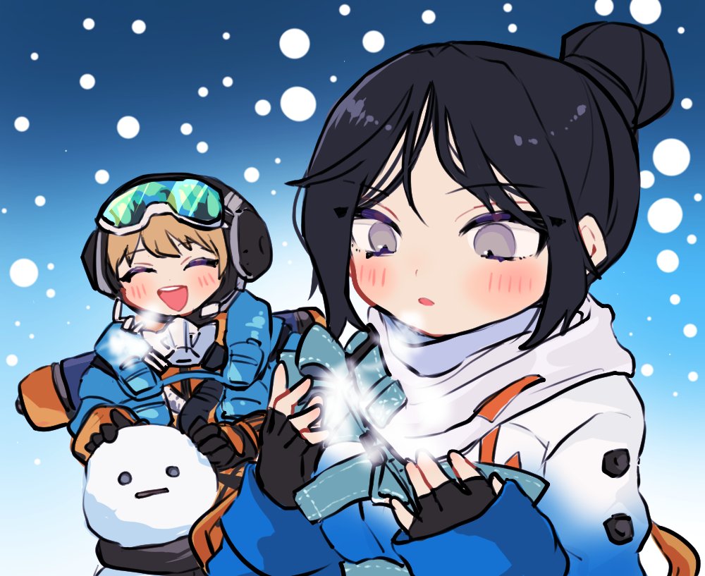 ^_^, animification, apex_legends, black_gloves, black_hair, blonde_hair, blue_jacket, blush