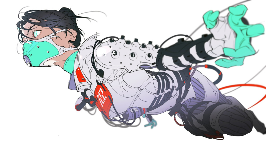 1girl, animification, apex_legends, black_hair, blue_eyes, breasts, cable, floating_hair, hair_behind_ear, hair_bun, highres, leaning_back, mask, medium_breasts, mouth_mask, official_alternate_costume, quarantine_722_wraith, single_hair_bun, solo, white_background, wraith_(apex_legends), yoneyama_mai
