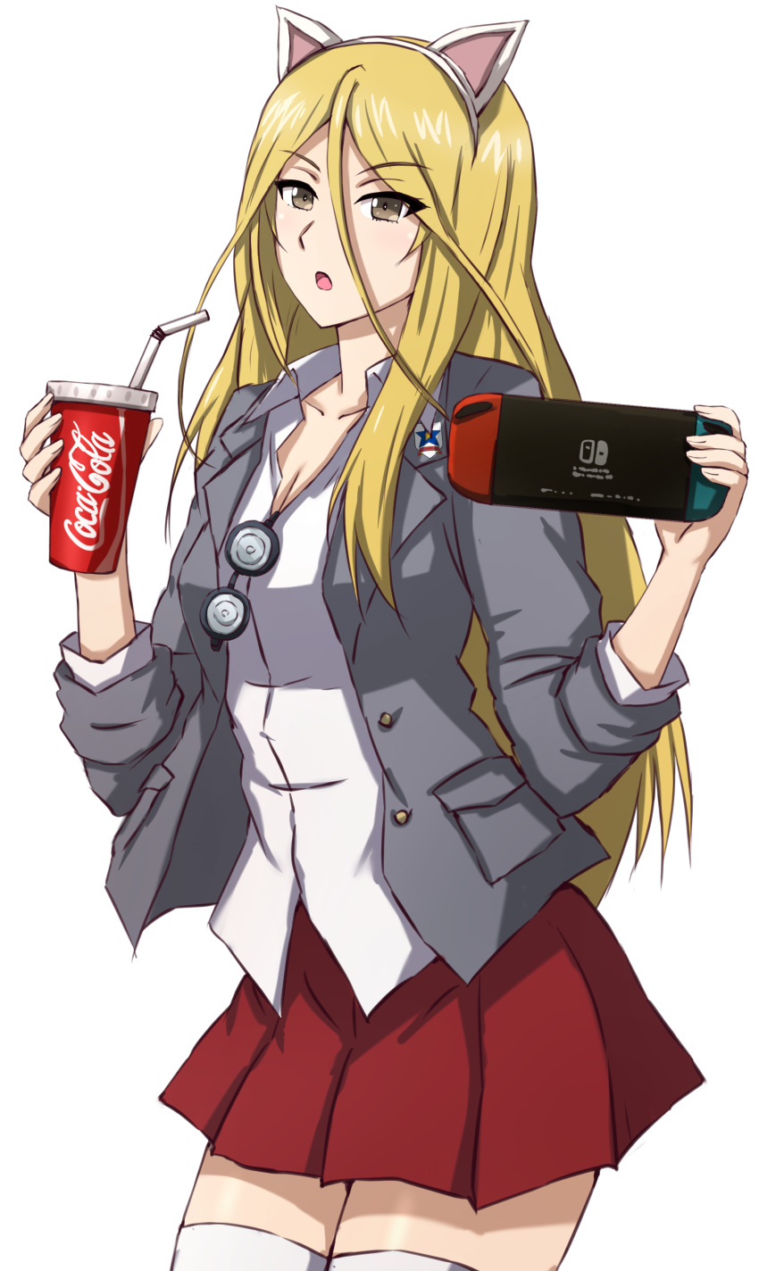1girl, absurdres, animal_ears, black-framed_eyewear, blazer, blonde_hair, blouse, brown_eyes