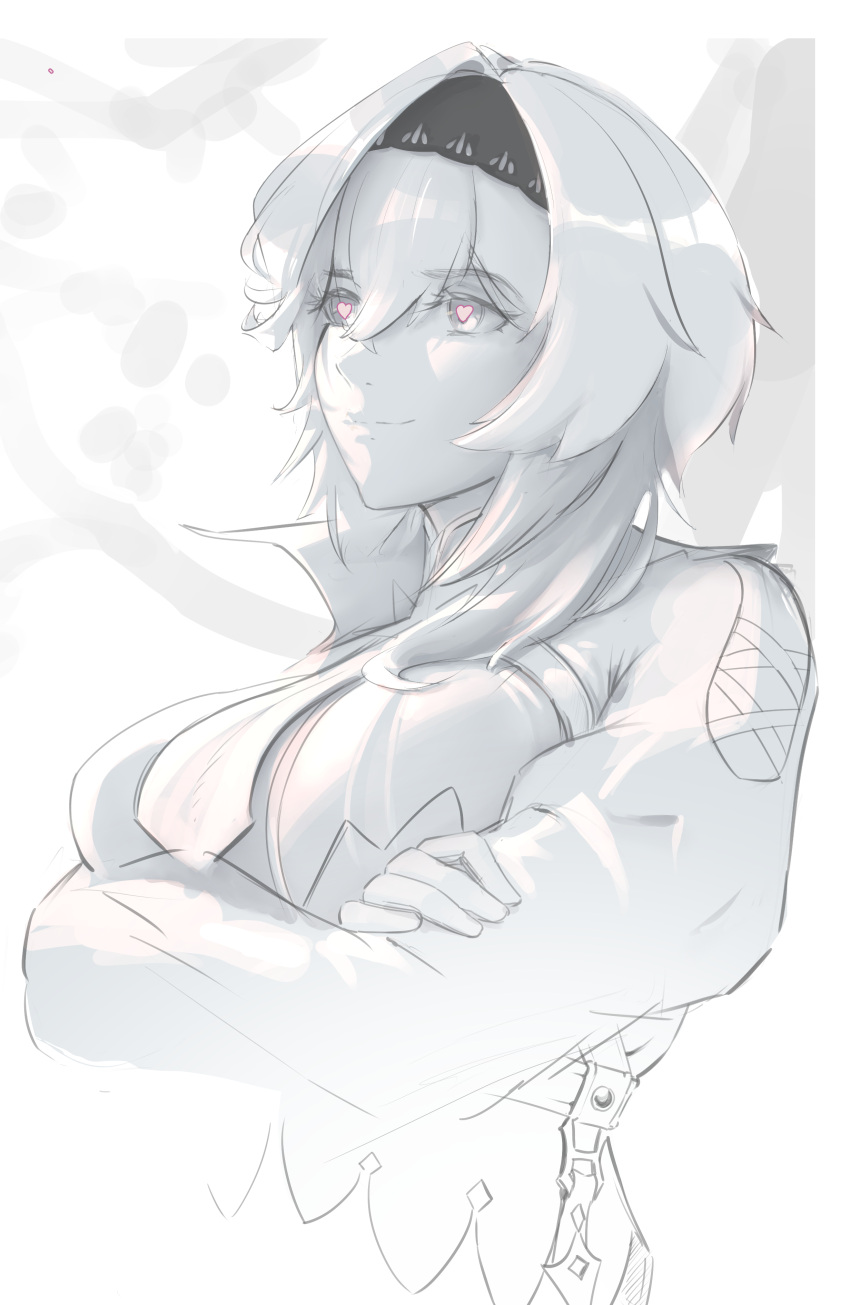 1girl, absurdres, breasts, closed_mouth, commentary, crossed_arms, eula_(genshin_impact), genshin_impact