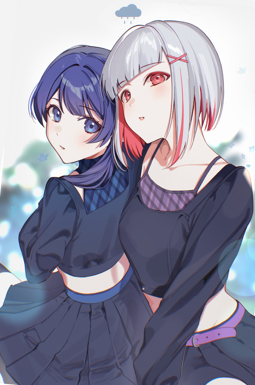 2girls, absurdres, argyle_clothes, argyle_shirt, behind_another, black_jacket, black_skirt, blue_eyes