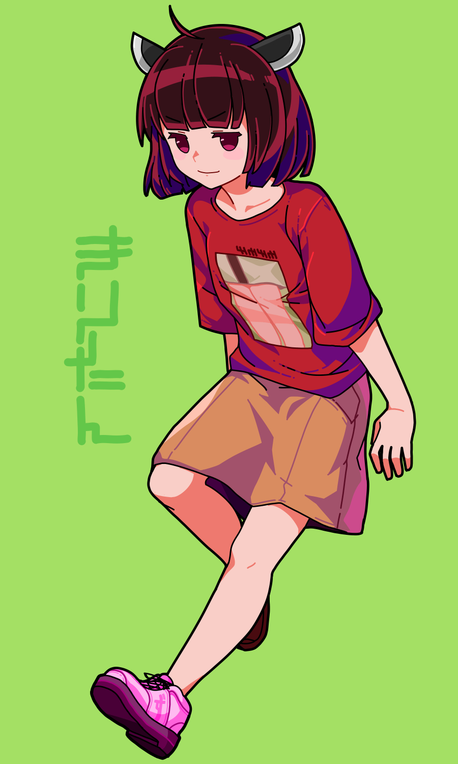 1girl, against_object, alternate_costume, blush_stickers, brown_skirt, character_name, character_print, closed_mouth