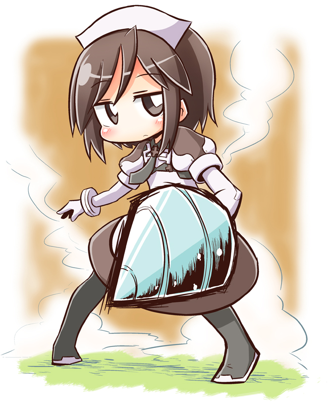 1girl, apron, blush, boots, brown_dress, brown_eyes, brown_hair, closed_mouth
