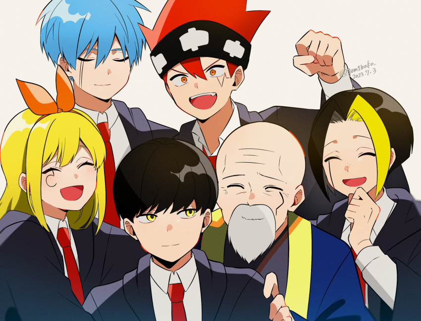 1girl, 5boys, bald, beard, black_hair, black_robe, blonde_hair, blue_hair