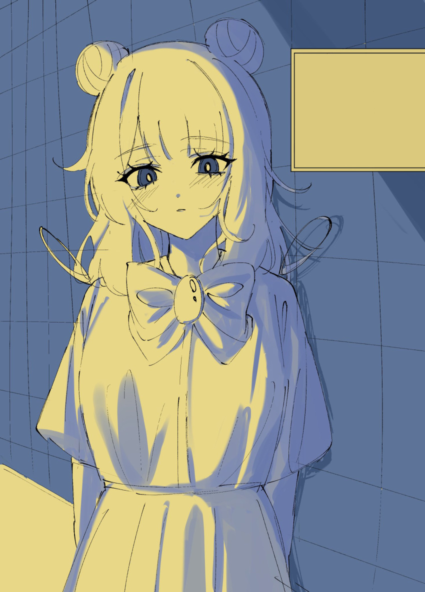 1girl, arms_behind_back, blush, bow, bowtie, brooch, chenes_(famiresu_wo_kyouju_seyo), commentary_request, cowboy_shot, double_bun, famiresu_wo_kyouju_seyo, hair_bun, highres, jewelry, long_hair, looking_at_viewer, monochrome, parted_lips, shirt_tucked_in, short_sleeves, solo, standing, yellow_theme, youka_(neko-yukarigohan)