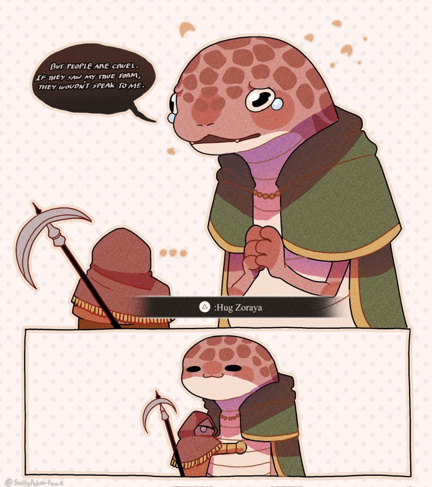 ..., 1girl, 1other, :3, black_eyes, button_prompt, cape, cloak, closed_mouth, dress, elden_ring, english_commentary, english_text, fangs, green_cloak, highres, hood, hooded_cloak, hug, jewelry, necklace, open_mouth, playstation_symbols, saltypokerface, scales, scythe, simple_background, smile, tarnished_(elden_ring), tearing_up, zorayas