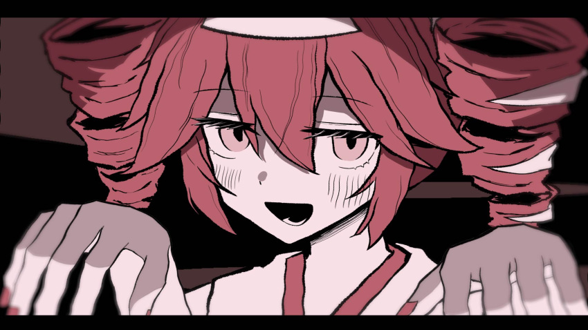 1girl, black_background, blush, bow, drill_hair, hair_between_eyes, hair_bow, hands_up, highres, japanese_clothes, kasane_teto, kasane_teto_(sv), kikkai_kettai_(vocaloid), kimono, looking_at_viewer, lower_teeth_only, medium_hair, nail_polish, open_mouth, pink_eyes, red_background, red_nails, redhead, smile, solo, synthesizer_v, teeth, twin_drills, two-tone_background, upper_body, utau, white_bow, yasai31